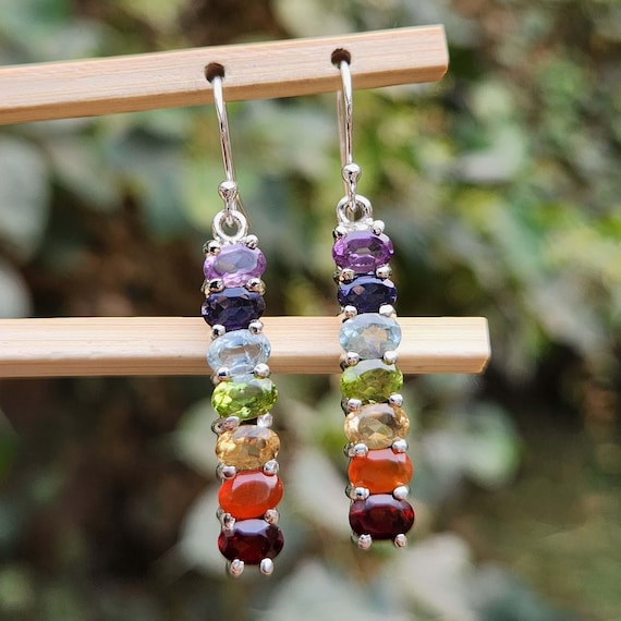 Multi-Gemstone Healing Chakra Dangle Earrings s925 Silver, 7 Stone Rainbow Drop Earring, Handcrafted Family Birthstone Jewelry, Gift for Her