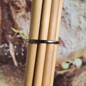 May include: A thin, dark gray ring with a polished finish. The ring is set against a backdrop of light brown wooden dowels, with a blurred background of green and brown tones.