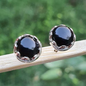 Round Black Onyx Stud Earrings- 925 Sterling Silver Earrings- Handmade Gift Ideas- Onyx Silver Jewelry- Christmas- Birthday Gift for Her
