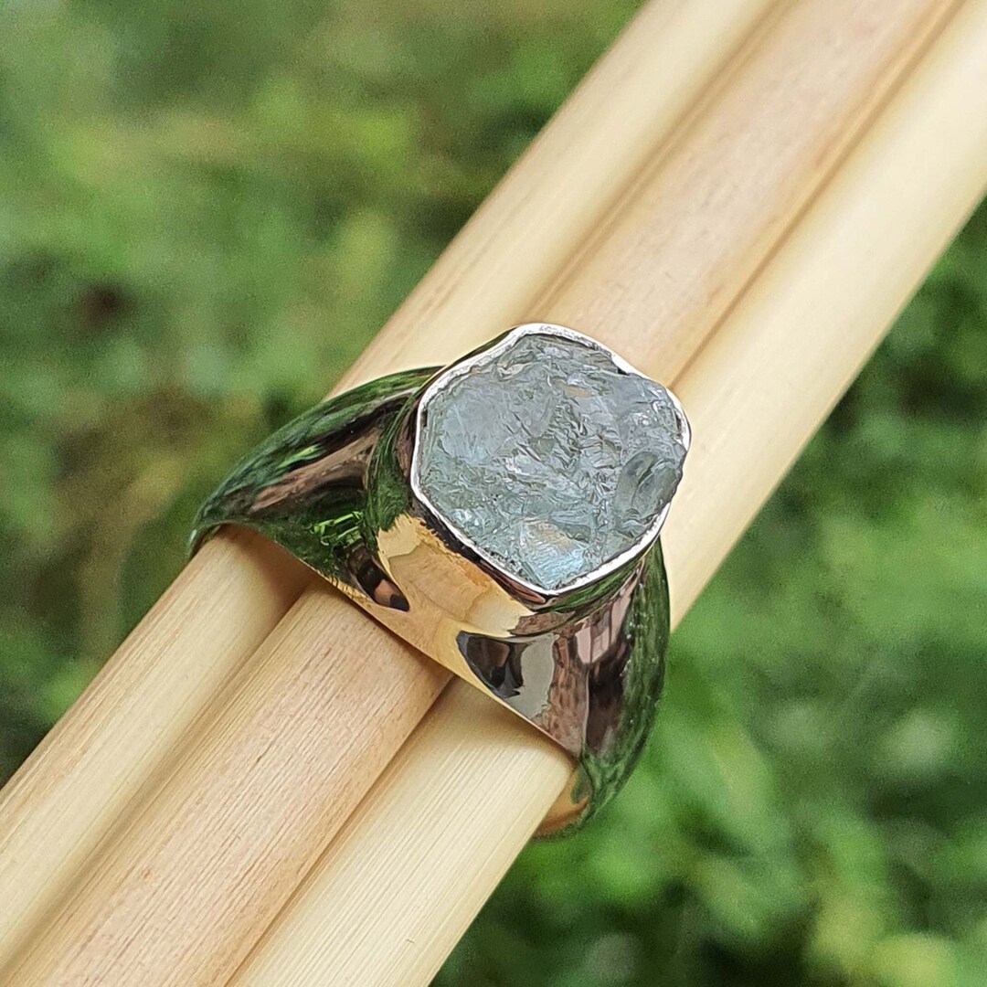 Mens Raw Aquamarine Ring Sterling Silver Mens Aquamarine Ring Wide Band
