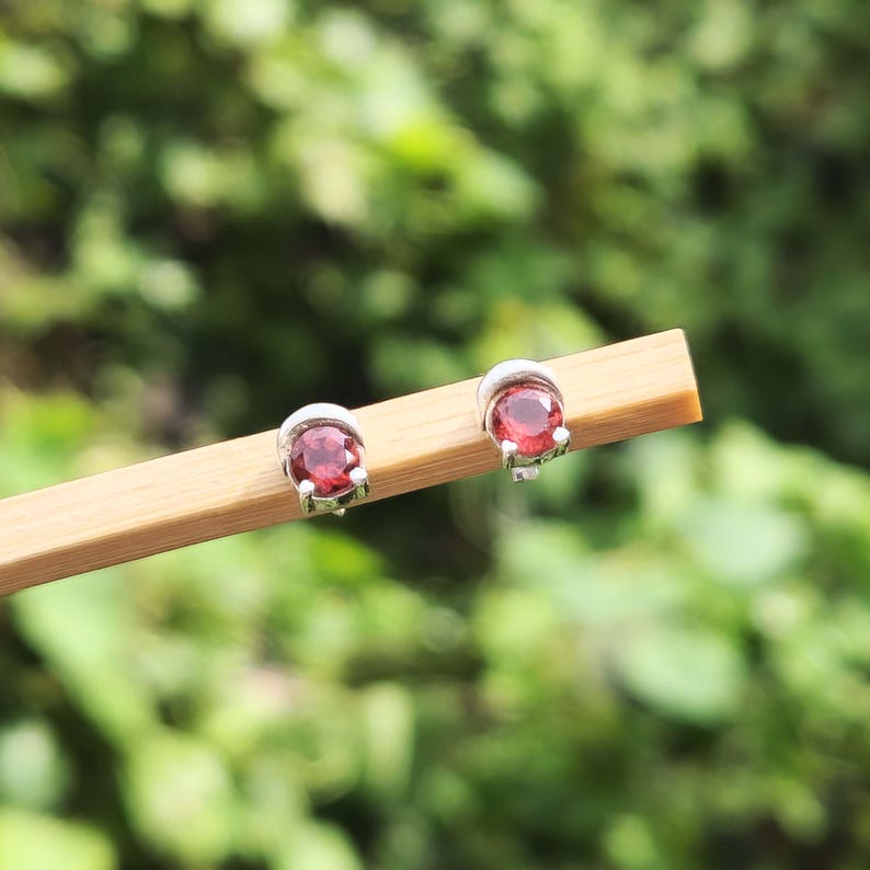May include: Silver stud earrings, each with a round, deep red gemstone. The earrings are presented on a light brown wooden stick, set against a blurred green backdrop, giving a natural feel.