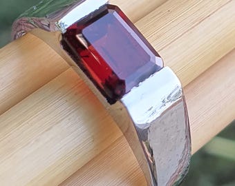 Garnet Ring for Men - Emerald Cut Garnet Ring Sterling Silver - Mens Engagement Rings Unique - Wedding Gift for Her - Garnet Jewelry Gifts