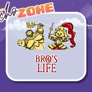 Peut inclure: Une illustration numérique de deux personnages de dessin animé dans un style de jeu vidéo. Les personnages portent une armure dorée et tiennent des épées. Le texte "BRO'S LIFE" est sous les personnages.