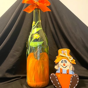 Hand painted lighted bottle pumpkins and flowers fall decor for table shelf desk