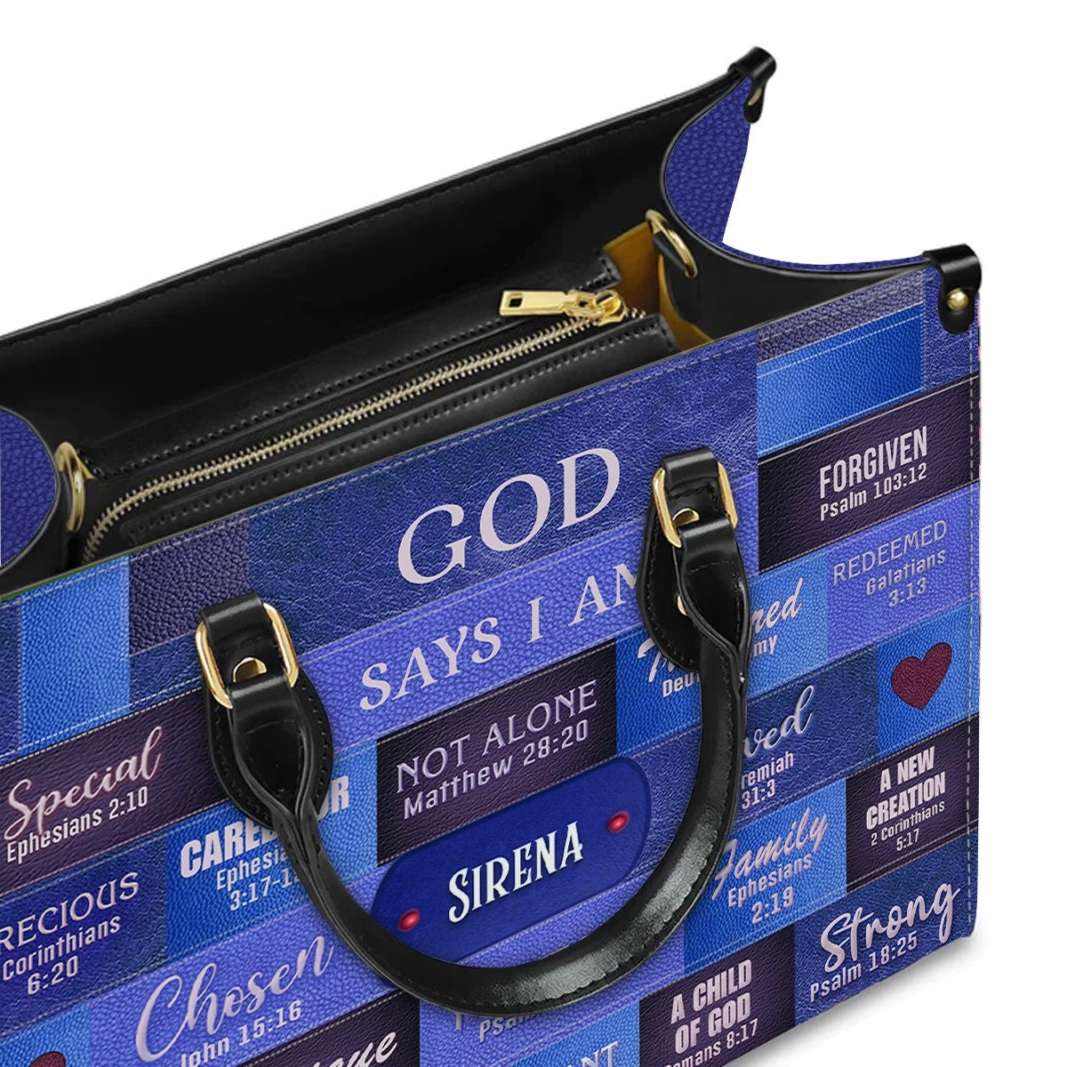 Customizable Luxury Leather Handbag - GOD Says I Am Blue Leather Handbag.