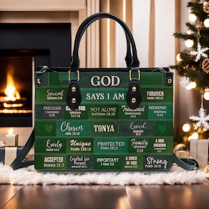 Personalized Leather Handbag: God Says I Am, Green Tote Bag