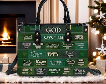 Christianartbag Handbags, God Says I Am Leather Handbag Green, Personalized Bags, Gifts for Women, Christmas Gift.