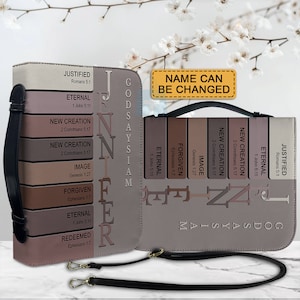 May include: A brown leather purse with a zipper closure and a black strap. The purse has a design of vertical stripes with bible verses and the words "God Says I Am" and "Name Can Be Changed".
