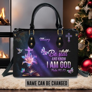 Personalized Leather Handbag: Blessed Is She Christian Tote Bag