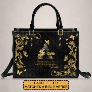 Personalized Christian Leather Tote Bag: A to Z Initial & Bible Verse