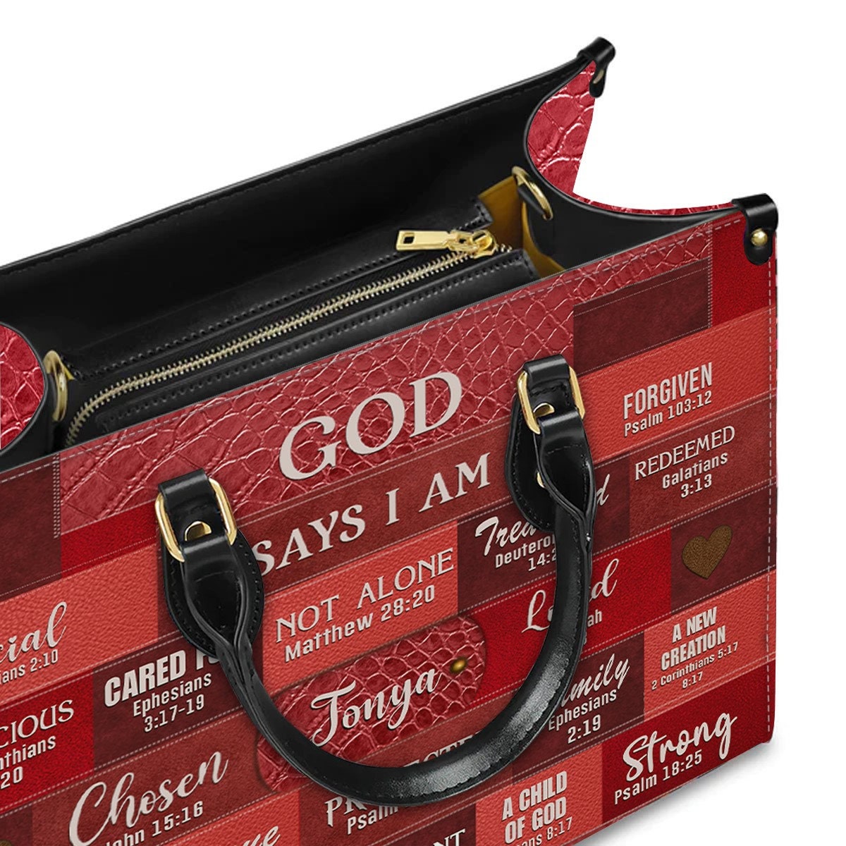 Inspirational Scripture Leather Handbag - GOD Says I Am Red Leather Handbag.