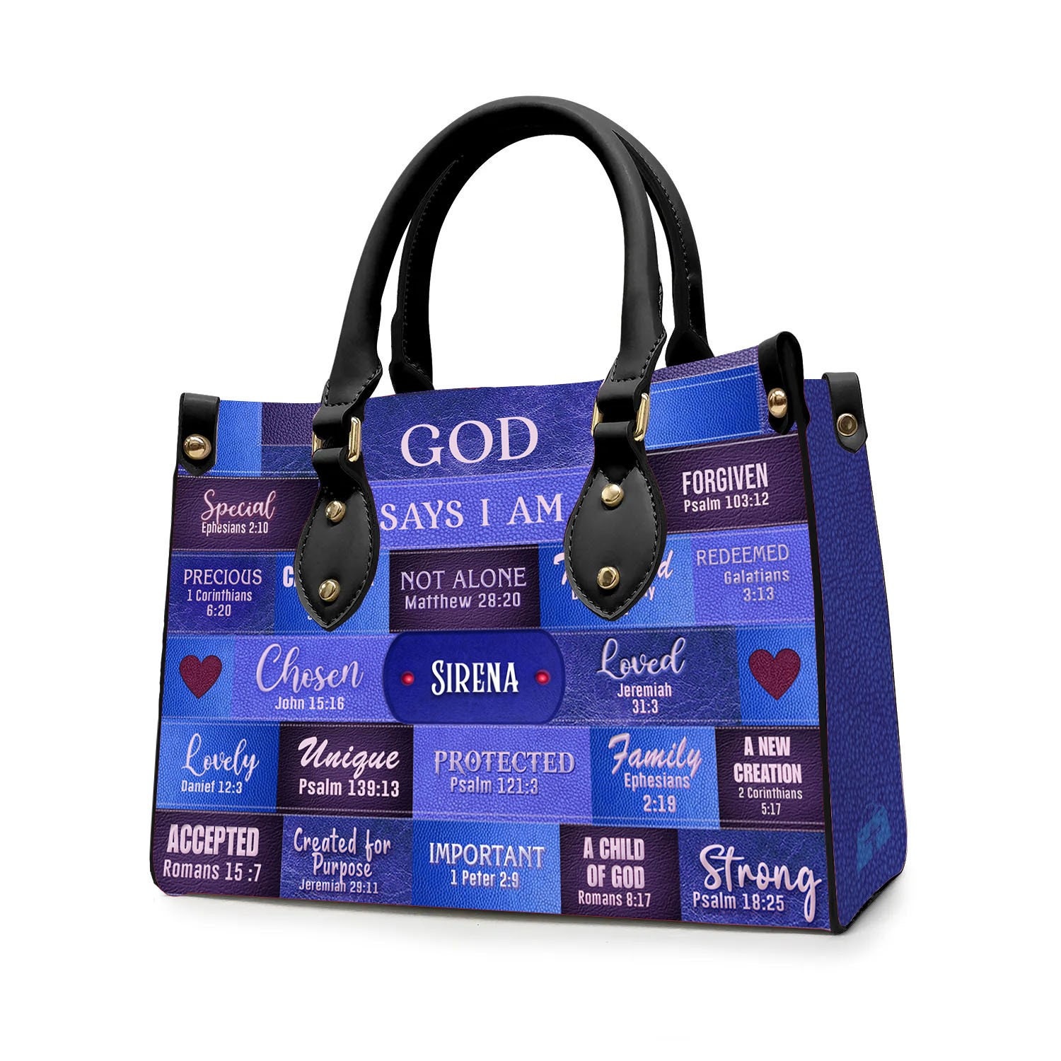 Customizable Luxury Leather Handbag - GOD Says I Am Blue Leather Handbag.