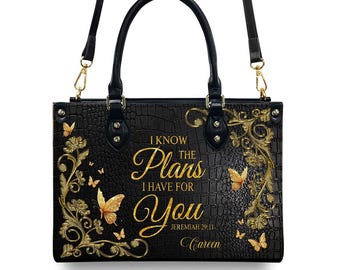 Personalized Leather Tote Bag: Christian Bible Verse, Custom Name