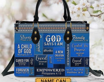 Christianartbag Handbags, God Says I Am Leather Handbag Blue, Personalized Bags, Gifts for Women, Christmas Gift.