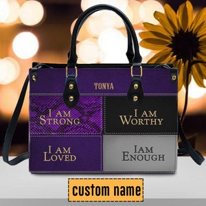 Personalized Leather Handbag: Christian Art Tote Bag, I Am Strong