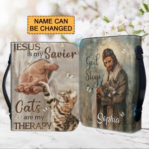 Personalized Bible Cover: Jesus, Cats, Faith (With Strap)