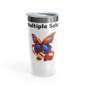 May include: White stainless steel tumbler with a colorful butterfly and orange ribbon design. The text "Multiple Sclerosis" is printed on the tumbler.