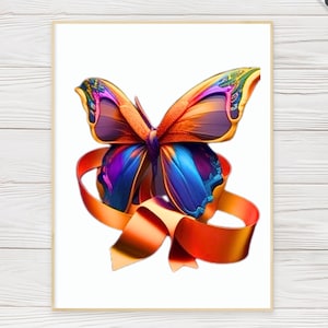 Puede incluir: Una mariposa colorida con alas naranjas, moradas, azules y amarillas está atada con una cinta naranja brillante.