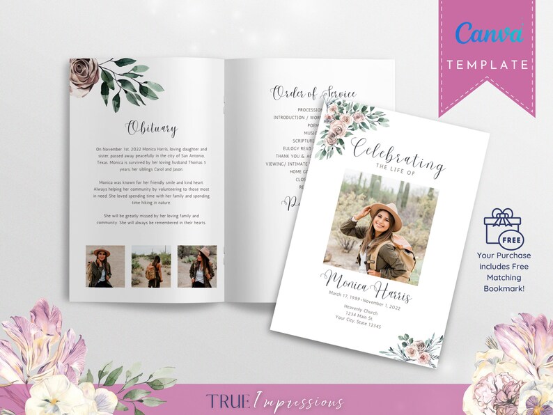 Elegant Funeral Program Template, 2 Page Celebration of Life CANVA