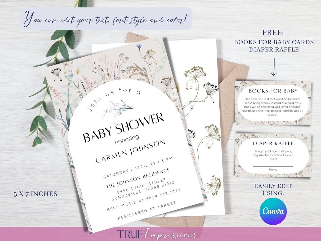 Neutral Baby Shower Invite Template for CANVA Includes Diaper Raffle