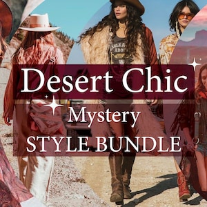 May include: Four women wearing different styles of clothing, including hats, jackets, and boots, stand in a desert landscape. The text "Desert Chic Mystery Style Bundle" is superimposed on the image.