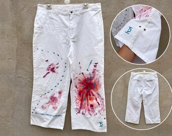 Women's Hand painted white MAC Jeans Capri Pants size w46/p27 Upcycled Fashion Hippie Colour splash acrylic brush paint trousers