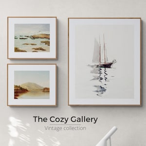 Muted set of 3 nautical Vintage gallery wall, beach house sailboat and lake house decor vintage prints