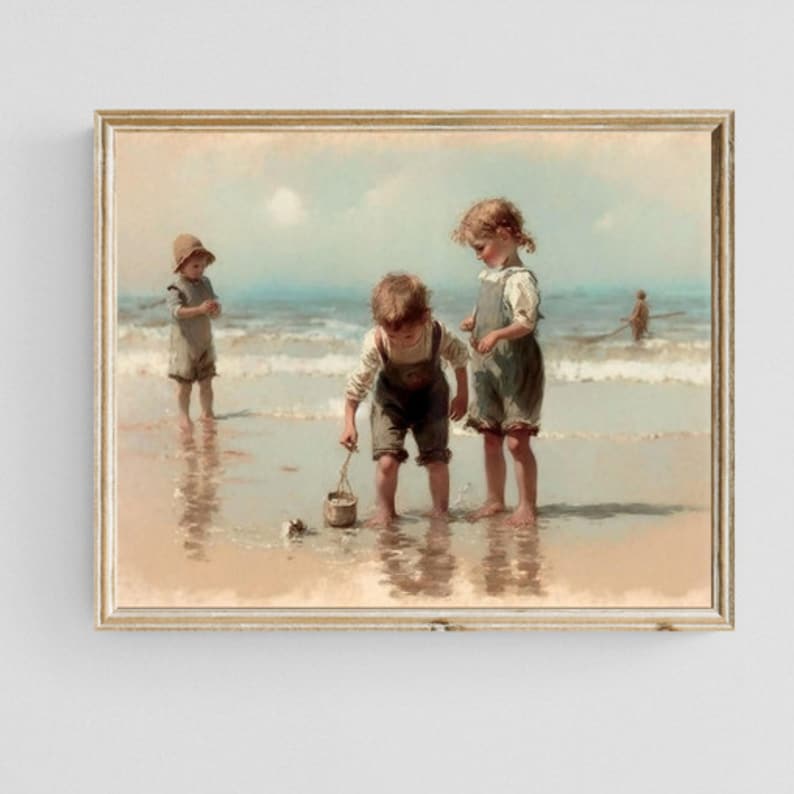 May include: A painting of three children playing on a beach. The children are wearing casual clothing and are playing with a bucket and shovel. The beach is sandy and the water is blue. The sky is a light blue with some clouds.