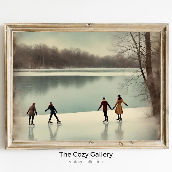 Skaters on a lake vintage style painting PRINTABLE art,  rustic winter skating vintage oil painting, Winter wall decor PRINT