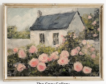 Cottage Roses antique painting printable, Floral cottage romantic painting vintage for wall decor, spring summer Irish cottage printable art