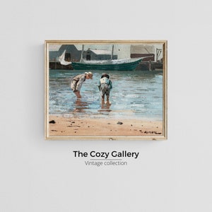 Kids at the beach fishing vintage Printable art, vintage children prints  oil Painting decor printable art