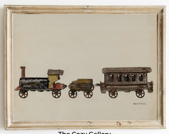 Antique Toy Train  Printable art, Nursery boy vintage print, Kids playroom antique Print toy train