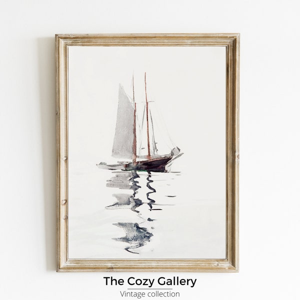 Aquarelle Voilier vintage peinture côtière, Impression bateau à voile minimaliste, embarcation aquarelle antique épurée