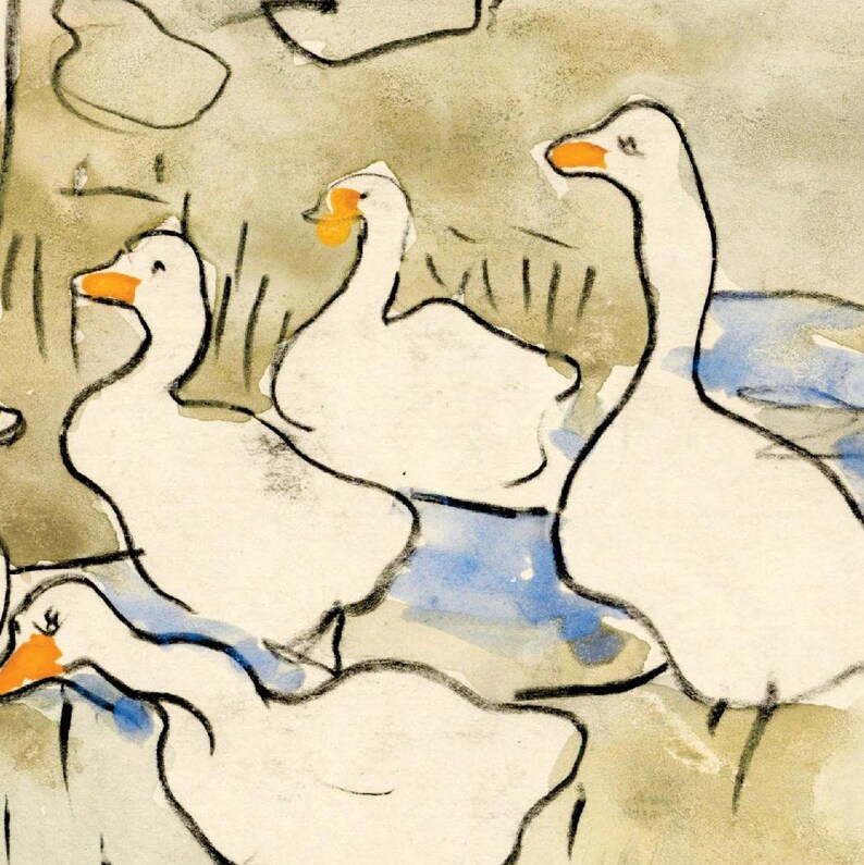 May include: A watercolor painting of four white geese with orange beaks. The geese are drawn in a simple, stylized manner, and the background is a light brown with blue watercolor washes.