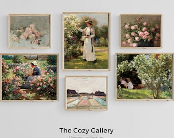 May include: A collection of six framed vintage paintings depicting various floral scenes. The paintings feature a woman in a garden, a bouquet of roses, a woman sitting in a field of flowers, a field of flowers, and a woman reading under a tree.