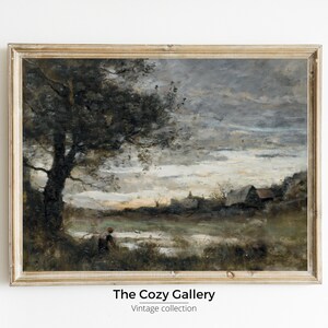 Country landscape oil painting  vintage PRINTABLE art, Vintage Nature scene for farmhouse decor Print, Neutral oil painting antique