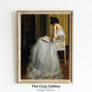 Portrait woman reading moody antique oil painting, Dark academia portrait neutral decor