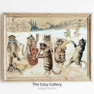 May include: A vintage illustration of a group of cats playing instruments in a snowy landscape. The cats are dressed in scarves and hats, and they are playing a variety of instruments, including a cello, a trumpet, a drum, and a flute. The illustration is titled "The Cozy Gallery, Vintage Collection".