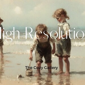 May include: Three children play on a sandy beach with waves crashing in the background. The children are wearing casual clothing and are smiling. The image is titled "High Resolution" and "The Cozy Gallery vintage collection".