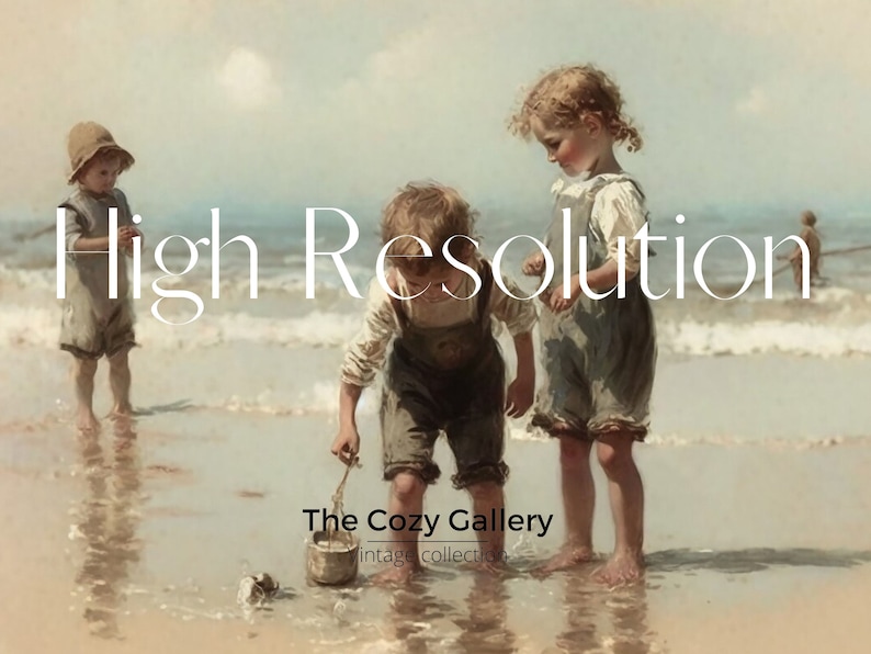 May include: Three children play on a sandy beach with waves crashing in the background. The children are wearing casual clothing and are smiling. The image is titled "High Resolution" and "The Cozy Gallery vintage collection".