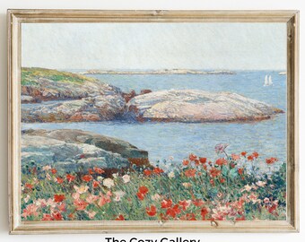 Poppies landscape Child Hassam SPRING vintage printable art, Cottagecore Country vintage oil painting ready to print
