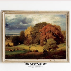 Vintage landscape oak fall printable art, Autumn valley landscape colorful oak vintage warm tone cottagecore art