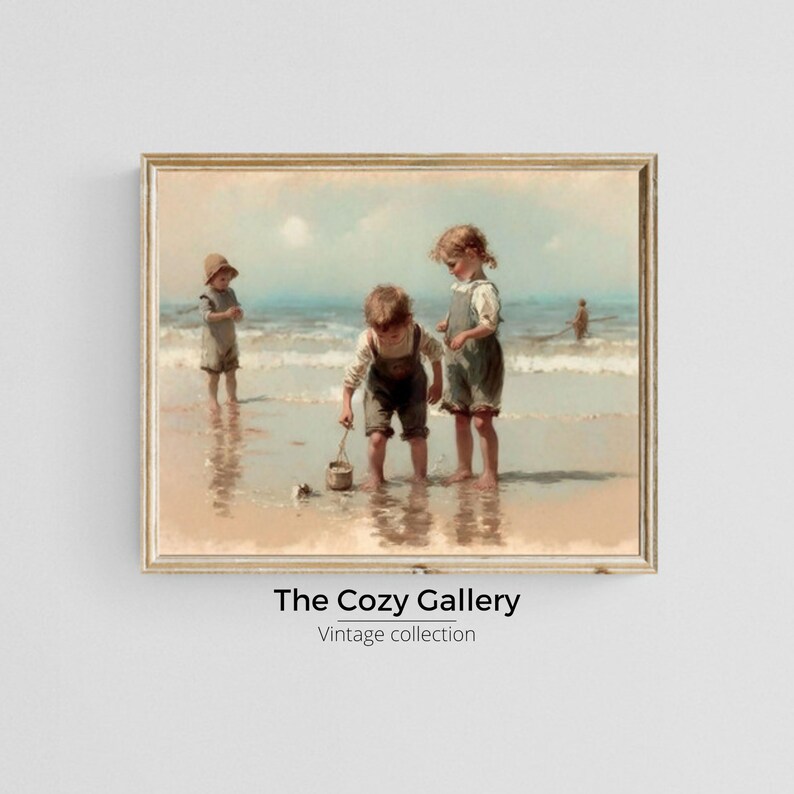 May include: A vintage painting of three children playing on a beach. The children are wearing old-fashioned clothing and are holding buckets and shovels. The painting is set against a backdrop of a blue sky and a sandy beach.