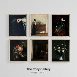 Dark Academia black Romantic gallery printable art,  dark Vintage oil painting decor set of 6 prints