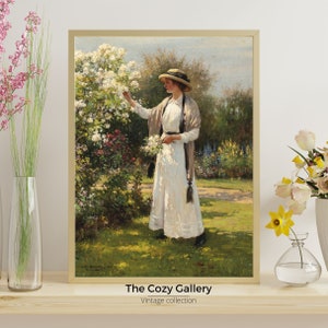 Portrait of a young woman Picking flowers in a garden,  vintage printable art Spring Summer landscape, farmhouse decor cottagecore