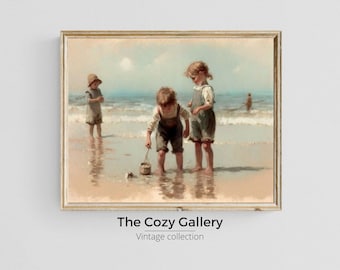 Children at the beach vintage Printable art, vintage kids prints  Toddler oil Painting, Summer decor printable art