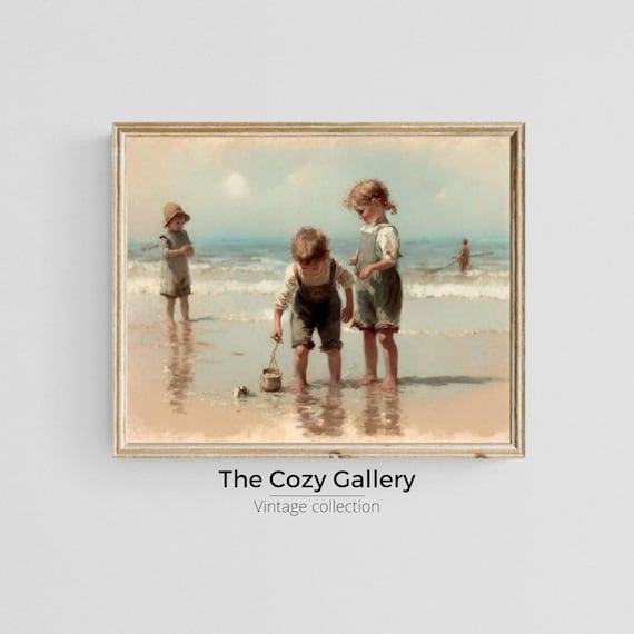 Children at the beach vintage Printable art, vintage kids prints  Toddler oil Painting, Summer decor printable art