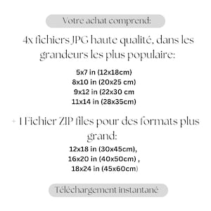 May include: Text on a white background that reads: "Your purchase includes: 4x JPG files high quality, in the most popular sizes: 5x7 in (12x18cm), 8x10 in (20x25 cm), 9x12 in (22x30 cm, 11x14 in (28x35cm) + 1 ZIP file for larger sizes: 12x18 in (30x45cm), 16x20 in (40x50cm), 18x24 in (45x60cm) Instant download"