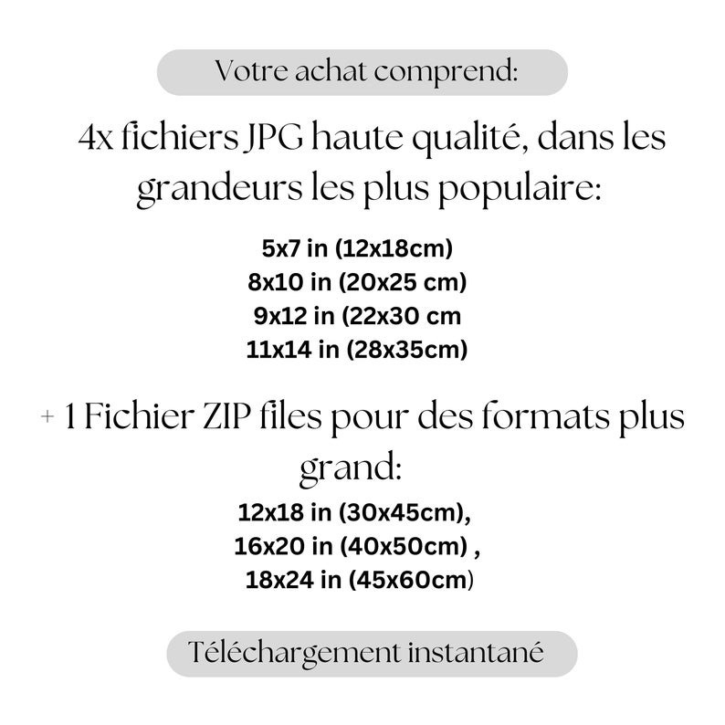 May include: Text on a white background that reads: "Your purchase includes: 4x JPG files high quality, in the most popular sizes: 5x7 in (12x18cm), 8x10 in (20x25 cm), 9x12 in (22x30 cm, 11x14 in (28x35cm) + 1 ZIP file for larger sizes: 12x18 in (30x45cm), 16x20 in (40x50cm), 18x24 in (45x60cm) Instant download"