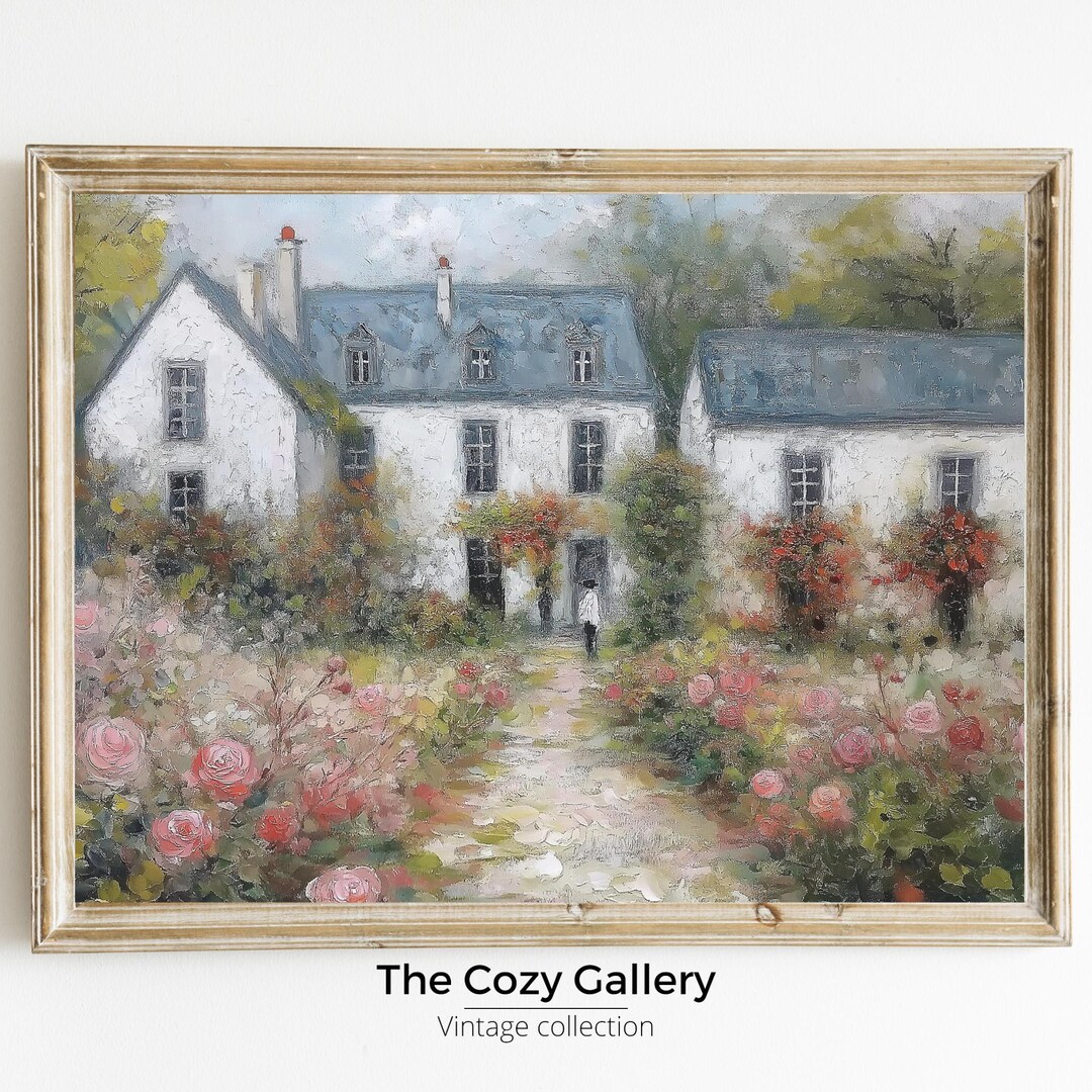 Cottage Rose Garden Painting, Antique Floral Print, Irish Countryside ...